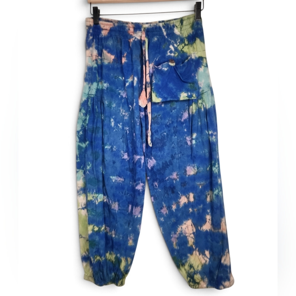 Siddhartha Tie Dye Cropped Boho Festival Harem Pants in Blue and Green Size M